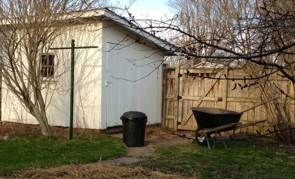 Shed, trashcan, wheelbarrow, now.